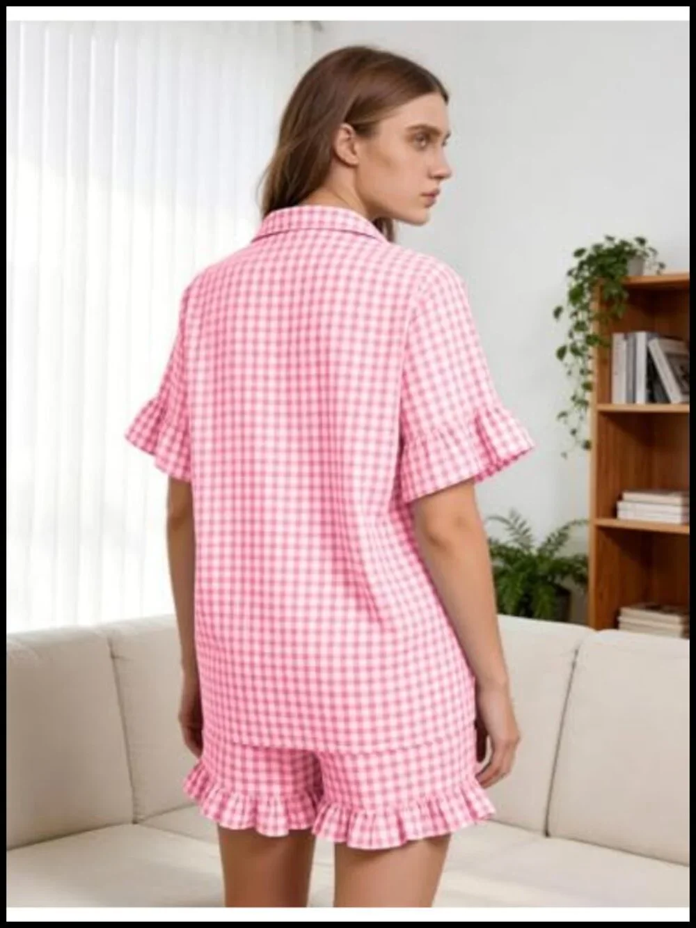 Womens Cotton Gingham Pajama Set Ruffle Shorts Lounge